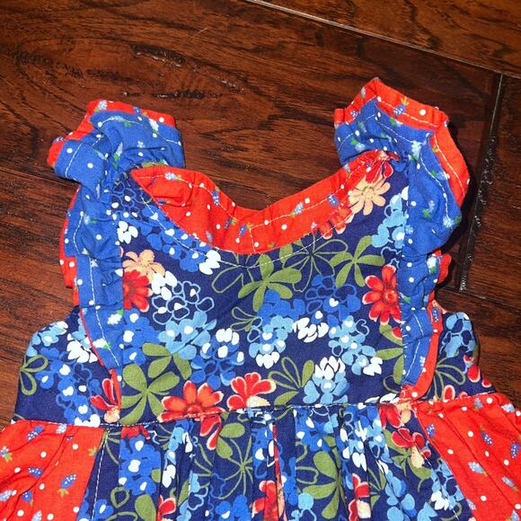 Handmade Floral‎ Baby Dress 9-12M Ruffle Sleeve Pockets Patriotic Americana READ - Picture 3 of 6